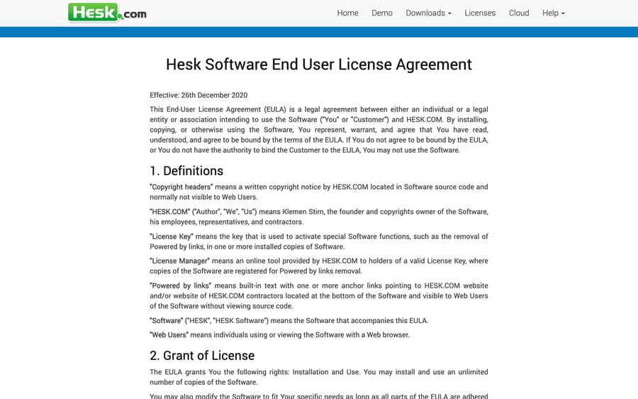 HESK's End User License Agreement page, effective 26 December 2020, with its definitions section