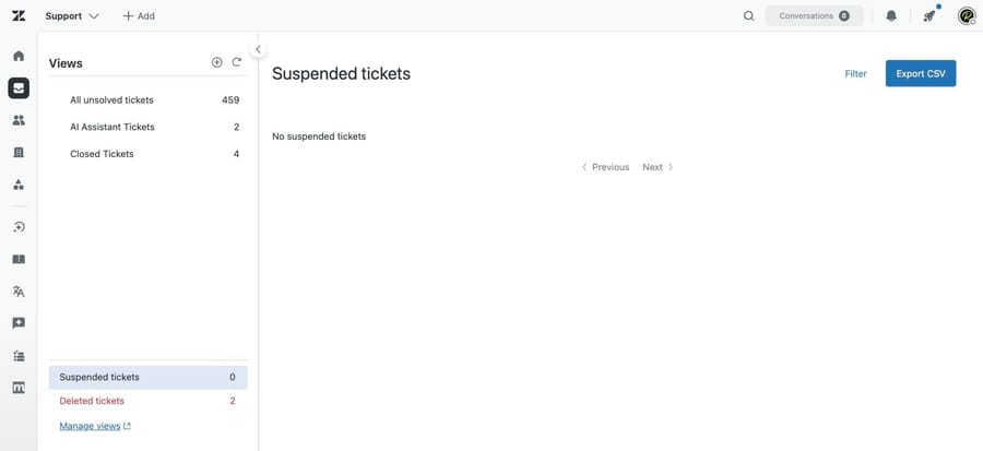 The Suspended tickets view in our own Zendesk sandbox, empty, with Filter and Export CSV above it