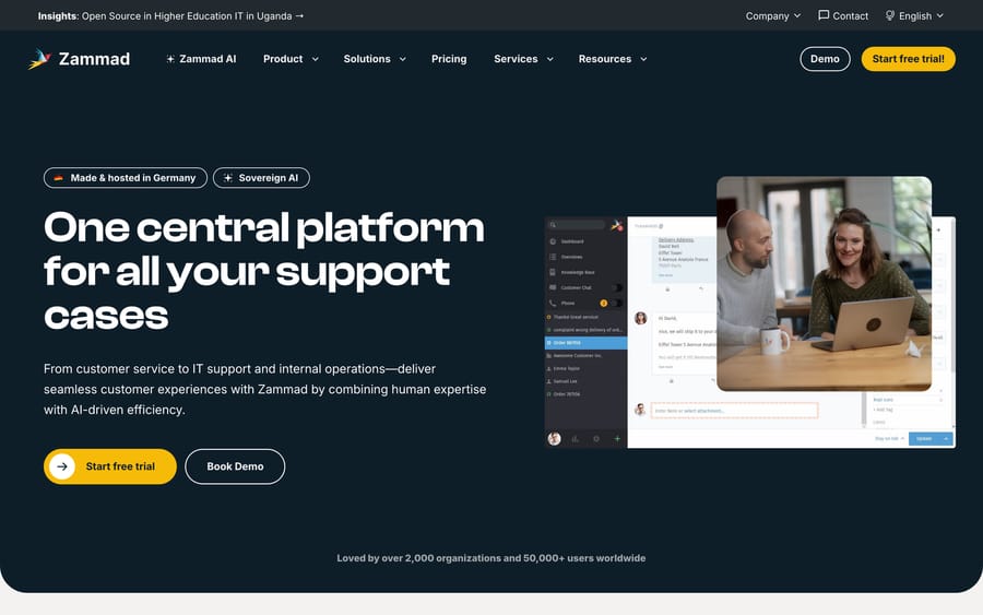 Zammad homepage showing its support platform pitch, a Made and hosted in Germany badge and the agent interface