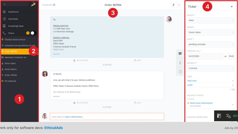 Zammad's agent interface from its own documentation, showing the ticket list, conversation and attribute sidebar