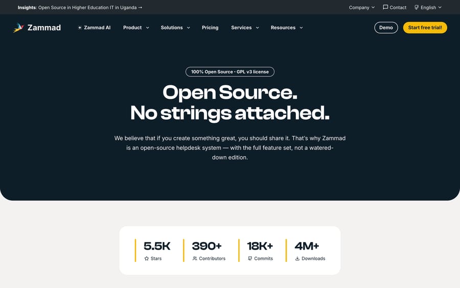 Zammad's open-source page claiming 100 percent open source under a GPL v3 license with 5.5K GitHub stars