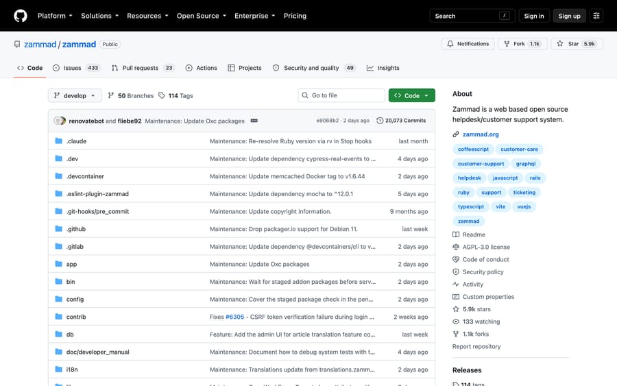 Zammad's GitHub repository page showing the AGPL-3.0 license, 5.9k stars and 20,073 commits