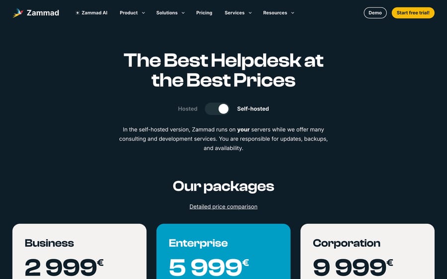 Zammad self-hosted support packages priced at €2,999, €5,999 and €9,999 a year