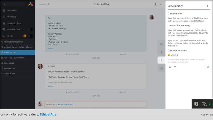 Zammad's AI Summary panel from its documentation, showing customer intent, a conversation summary and sentiment