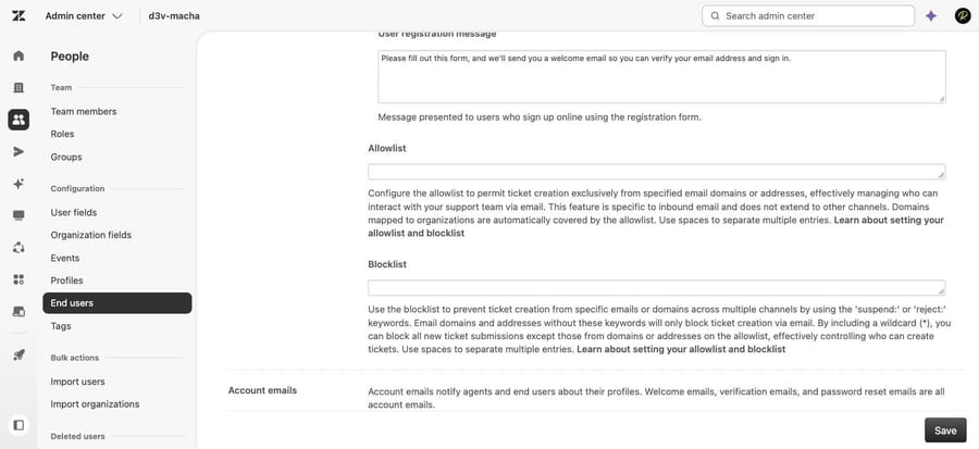The Allowlist and Blocklist fields on the End users page of our own Zendesk sandbox, both empty