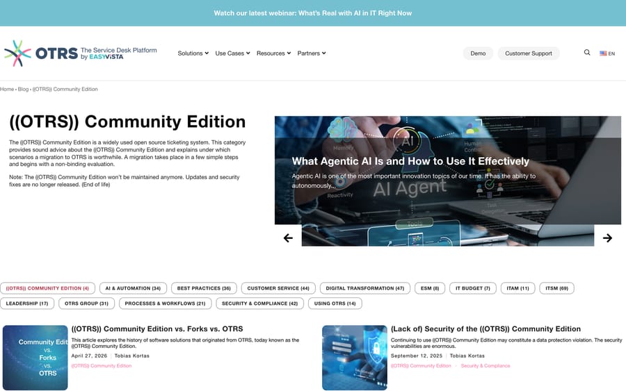 OTRS's own Community Edition page stating the edition is end of life with no further updates or security fixes