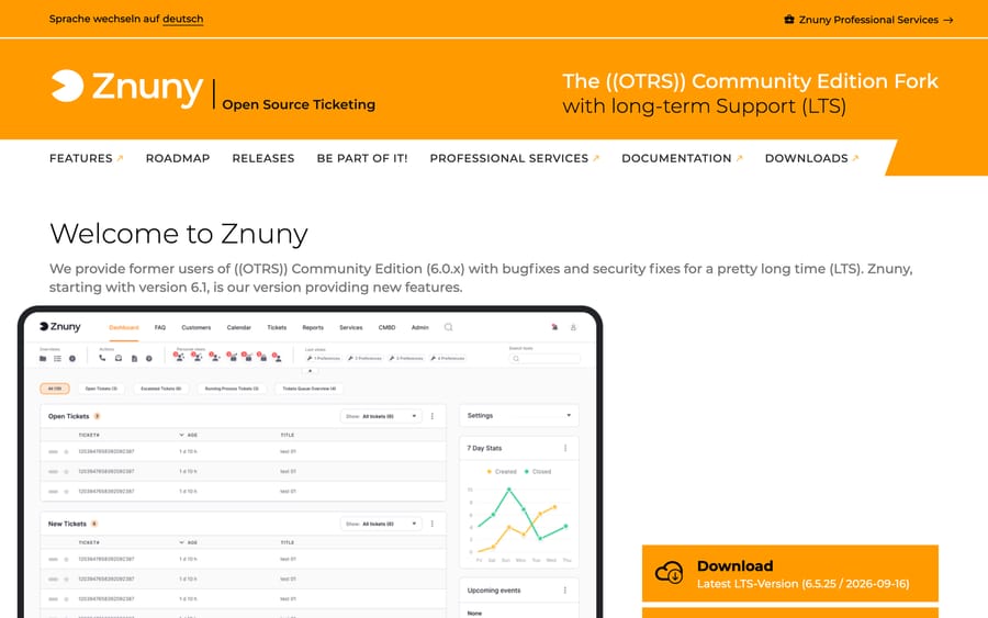 Znuny's homepage describing itself as the OTRS Community Edition fork with long-term support, showing its dashboard