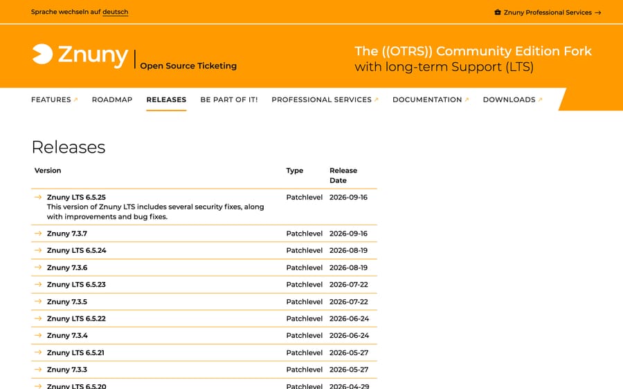Znuny's release table showing LTS 6.5.25 and 7.3.7 both released on 2026-09-16, with monthly patchlevels before that
