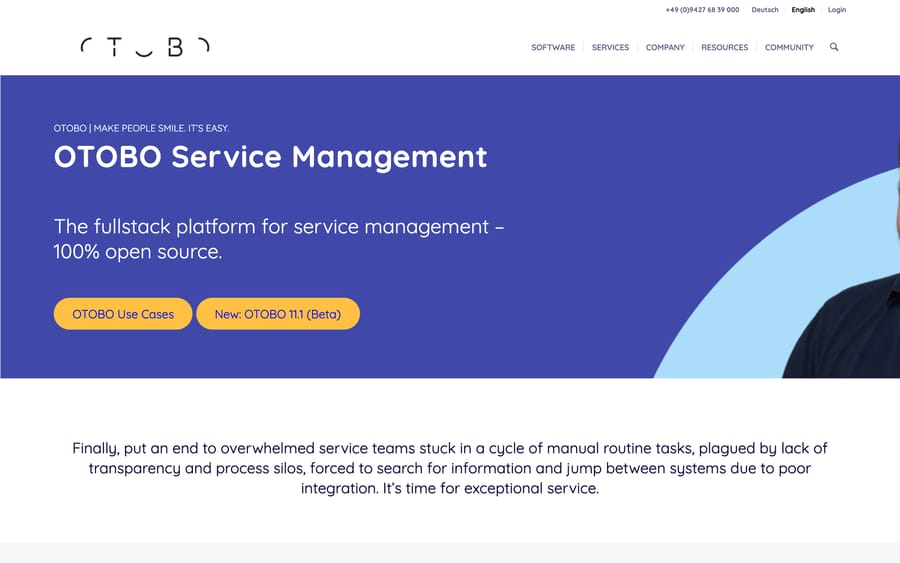 OTOBO's homepage describing a fullstack service management platform that is 100 percent open source