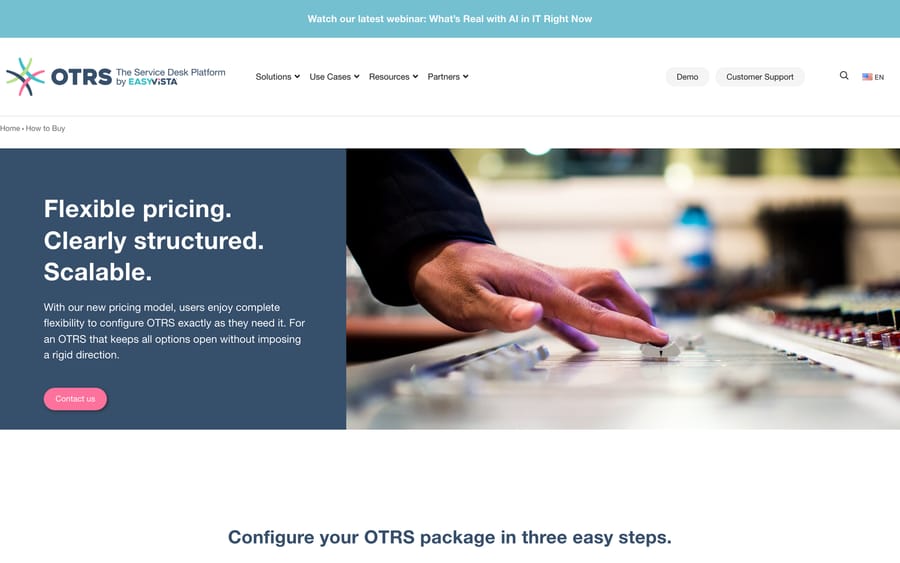 The OTRS how-to-buy page, a three-step configurator that ends in a quote request with no price shown