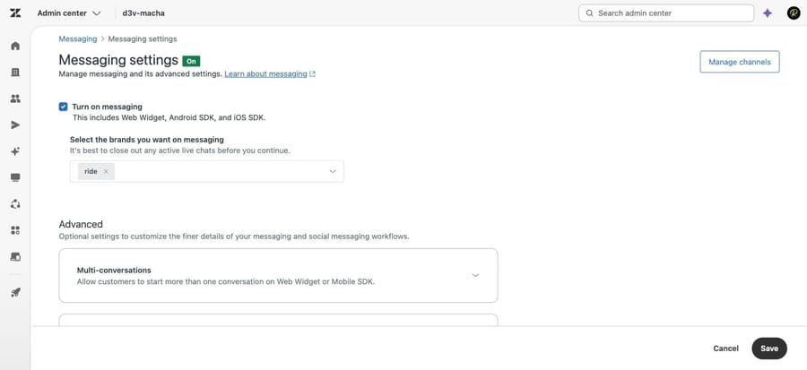 Messaging settings in our sandbox showing messaging On and one brand selected for it