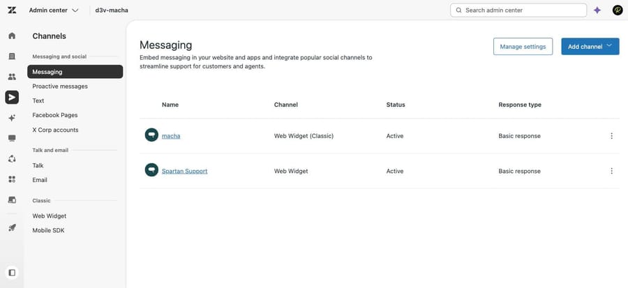 The Messaging channel list in our sandbox: one Web Widget (Classic) and one Web Widget, both active