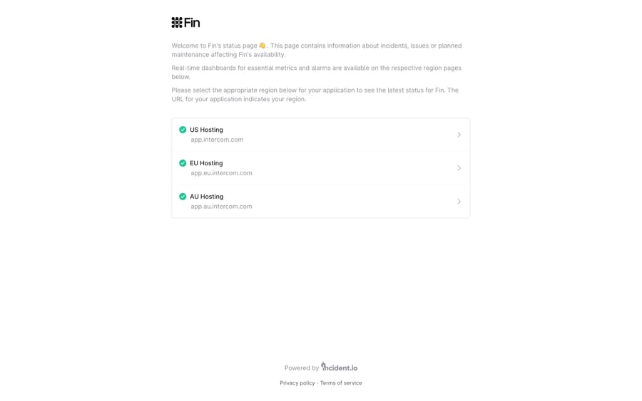 Fin status page at finstatus.com showing the three region choices: US Hosting, EU Hosting and AU Hosting, all green.