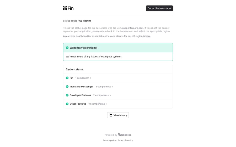 Fin US Hosting status page: the fully-operational banner above four component groups and a View history button.