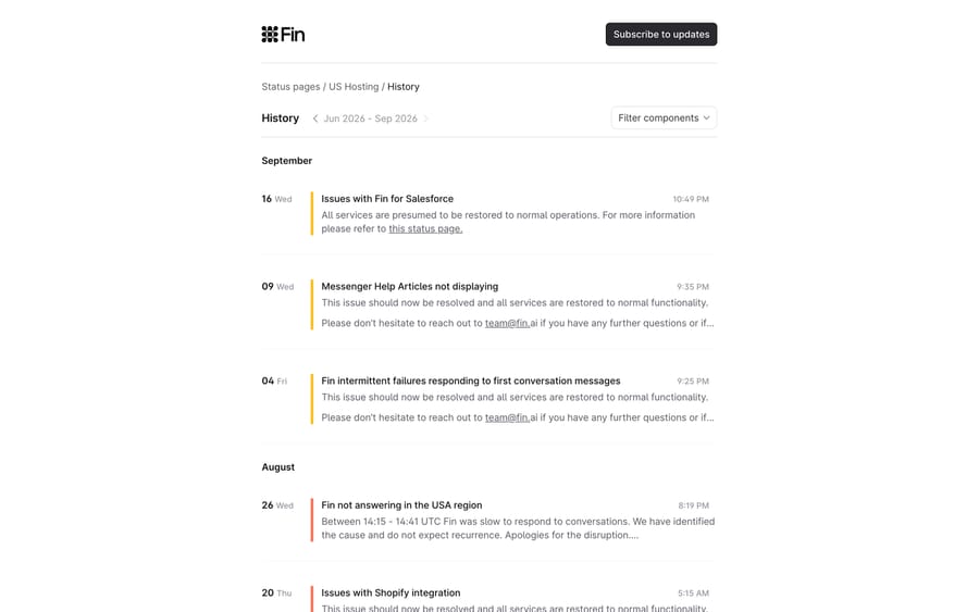 Fin US Hosting incident history for June to September 2026, listing resolved incidents with timestamps and resolution notes.