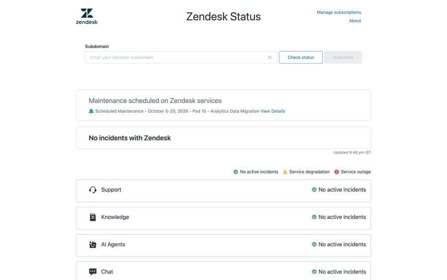 Zendesk Status page showing the Subdomain field, a scheduled maintenance banner, the no-incidents box and the color legend.