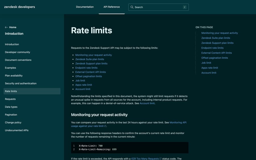 Zendesk's developer documentation for rate limits, showing the X-Rate-Limit and X-Rate-Limit-Remaining response headers.