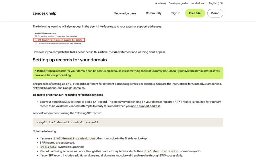 Zendesk's SPF article showing the recommended v=spf1 include record and the agent-interface warnings for a failed SPF check.
