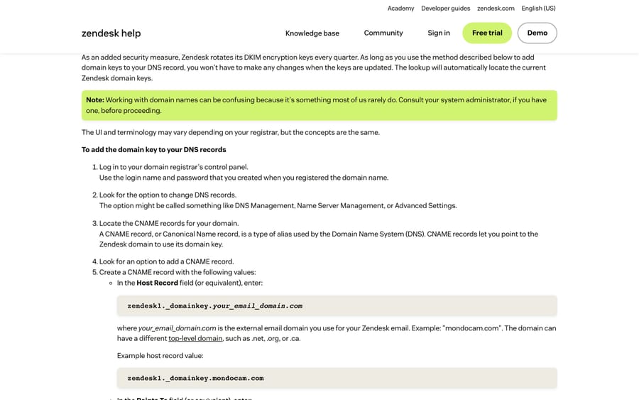 Zendesk's DKIM article: the zendesk1 selector CNAME host record and target, plus the quarterly key rotation note.