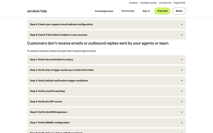 Zendesk's troubleshooting article listing its eight-step sequence for outbound replies that customers never receive.