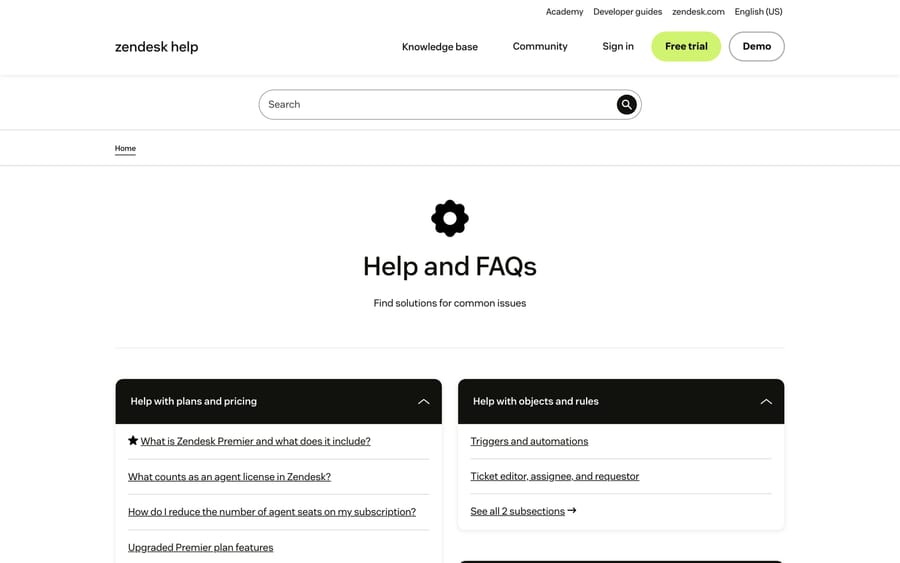 Zendesk's Help and FAQs index, the vendor's own entry point for common issues, grouped by plans, objects and rules.