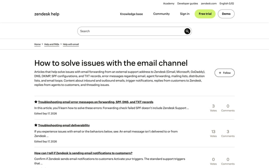 Zendesk's email channel troubleshooting index, listing articles on forwarding, SPF and DNS errors and deliverability.