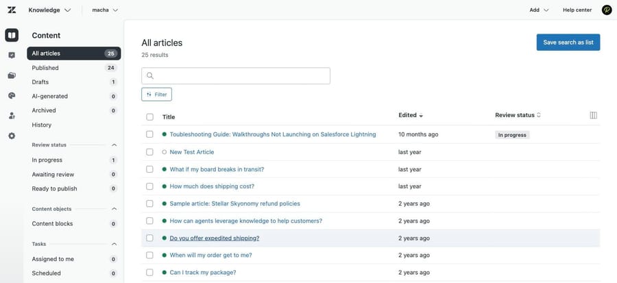 All articles in our sandbox's Knowledge admin: 25 articles, 24 published, one in progress