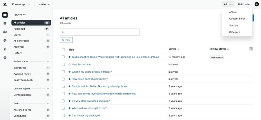 The Add menu in Knowledge admin on our sandbox: Article, Content block, Section and Category