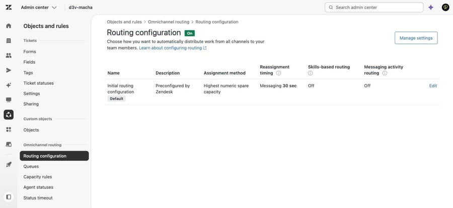 Routing configuration in our sandbox: routing On, highest numeric spare capacity, reassignment 30 sec