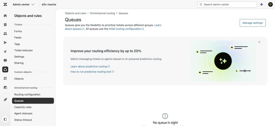 The Queues page in our own Zendesk sandbox with no custom queues configured