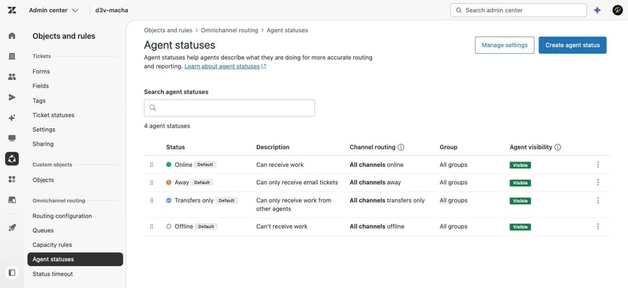 Agent statuses in our sandbox: Online, Away, Transfers only and Offline, all default and visible