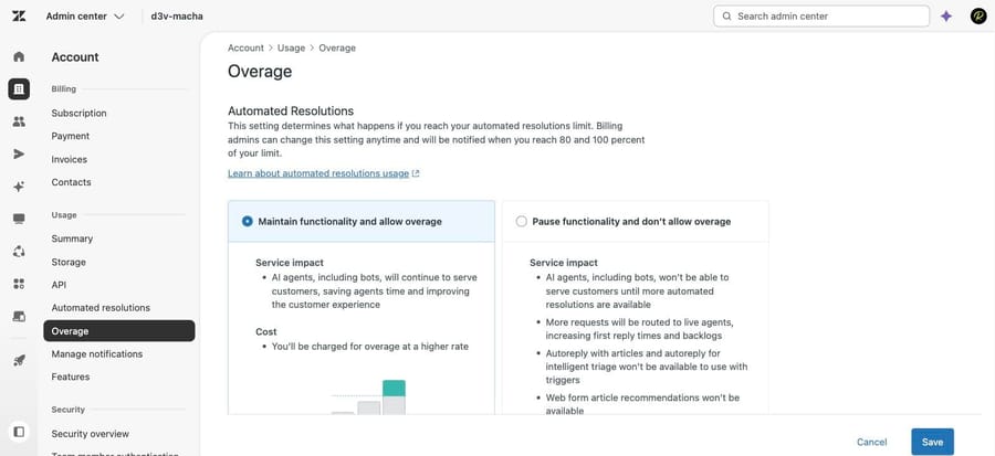 The Overage setting in our sandbox, with Maintain functionality and allow overage selected