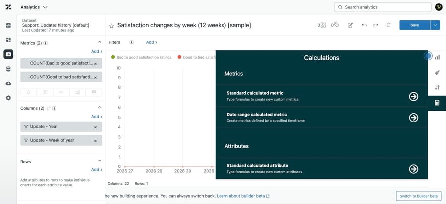 The Calculations menu in the Explore report builder: calculated metrics and calculated attributes