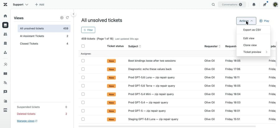 A 459-ticket Zendesk view in our sandbox with the Actions menu open on Export as CSV
