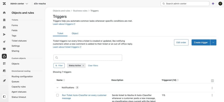 The Triggers page in our sandbox under Objects and rules, Business rules, with 7 active triggers