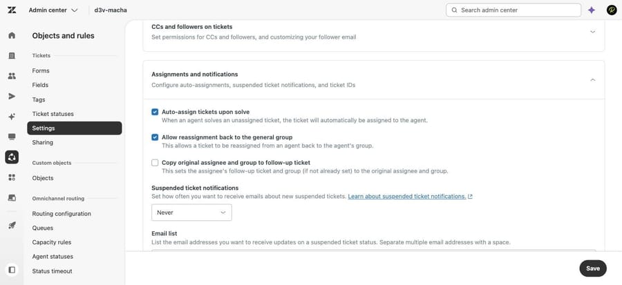 Ticket settings in our sandbox: Suspended ticket notifications set to Never, with an email list