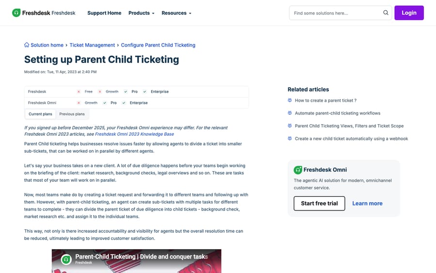 Freshworks' Setting up Parent Child Ticketing article, plan chart showing Pro and Enterprise only