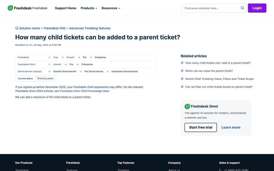 Freshdesk FAQ answering that a parent ticket takes a maximum of 50 child tickets