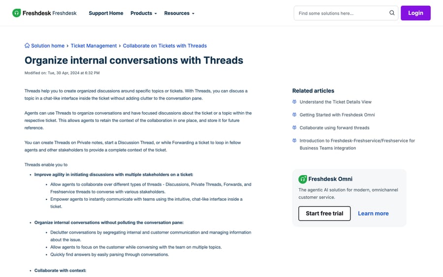 Freshdesk's Threads article listing Discussion, Private, Forward and Freshservice thread types
