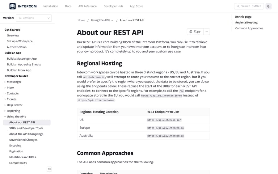 Intercom's regional hosting table listing api.intercom.io, api.eu.intercom.io and api.au.intercom.io