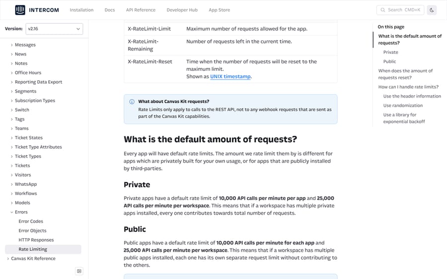 Intercom's rate limit documentation showing 10,000 calls per minute per app and 25,000 per workspace