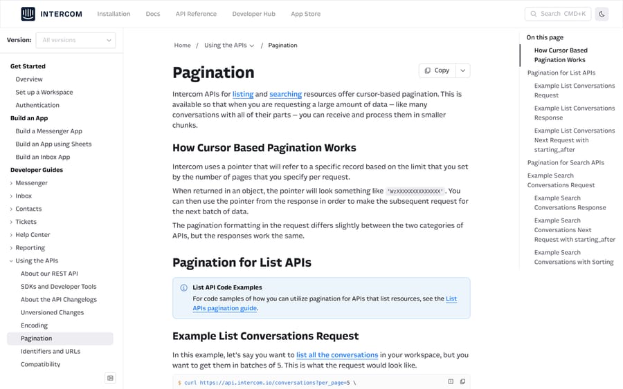 Intercom's pagination documentation explaining cursor-based paging for list and search APIs