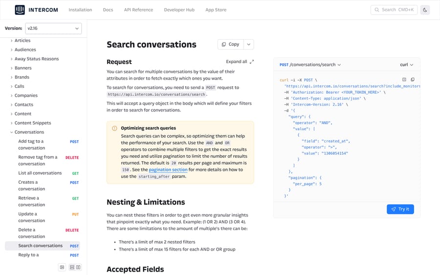 Intercom's accepted search fields for conversations, including state, tag_ids and ai_agent fields