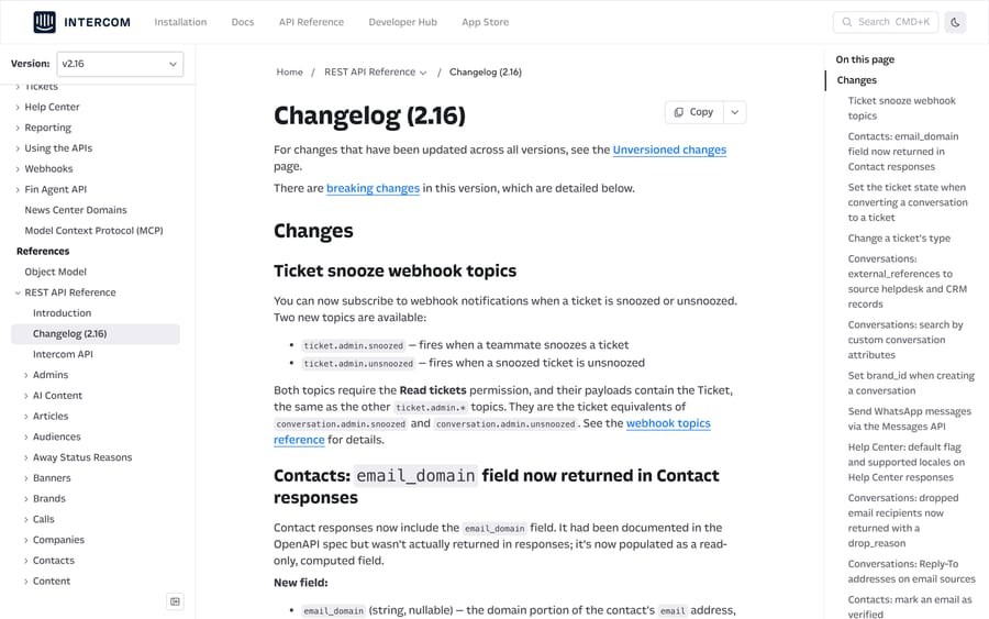 Intercom's 2.16 changelog listing ticket snooze webhook topics and the email_domain contact field
