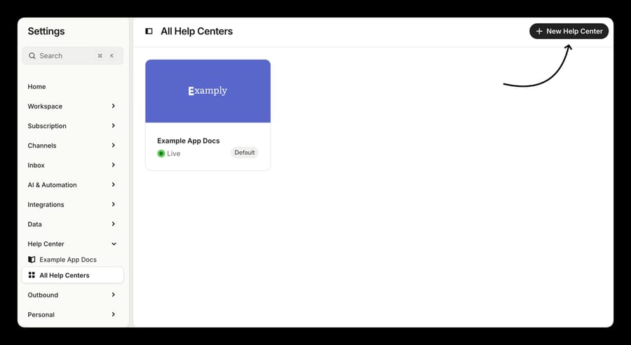 Intercom's All Help Centers settings page with the New Help Center button in the top right
