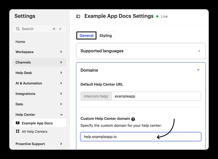 The Domains section of Intercom Help Center settings showing the default URL and custom domain field