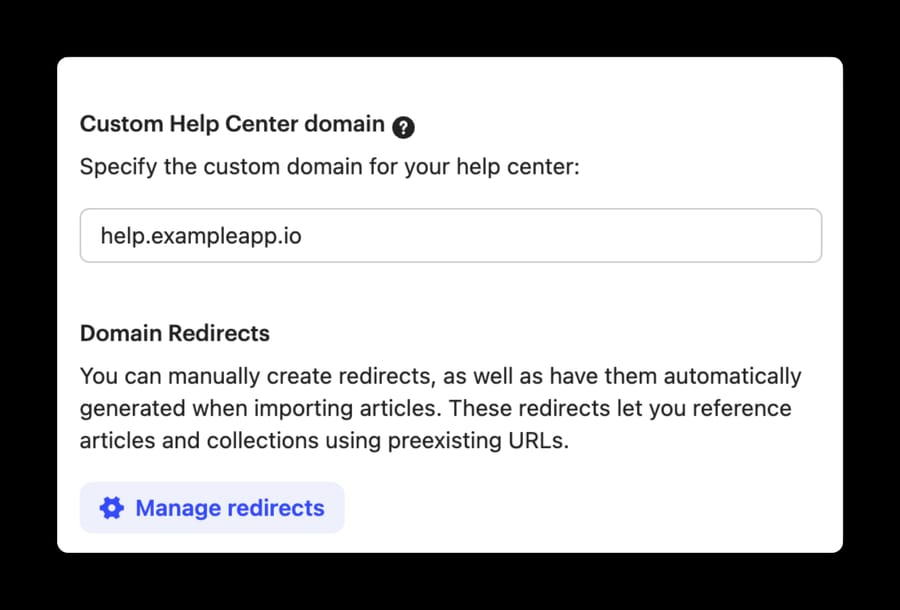 Domain Redirects with the Manage redirects button under the custom Help Center domain field
