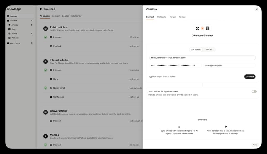 Connecting Zendesk under Knowledge, Sources with the API token and OAuth tabs
