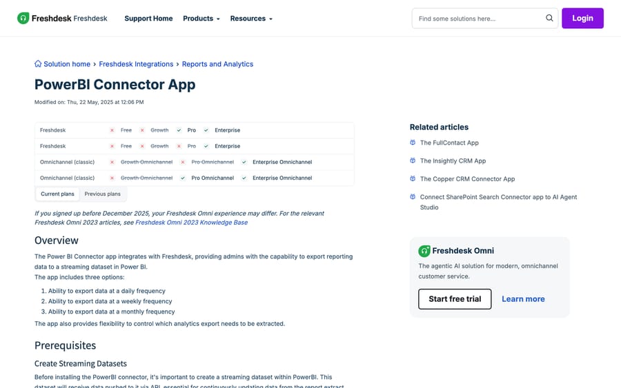 Freshworks' PowerBI Connector App help article showing the overview and the plan availability chart