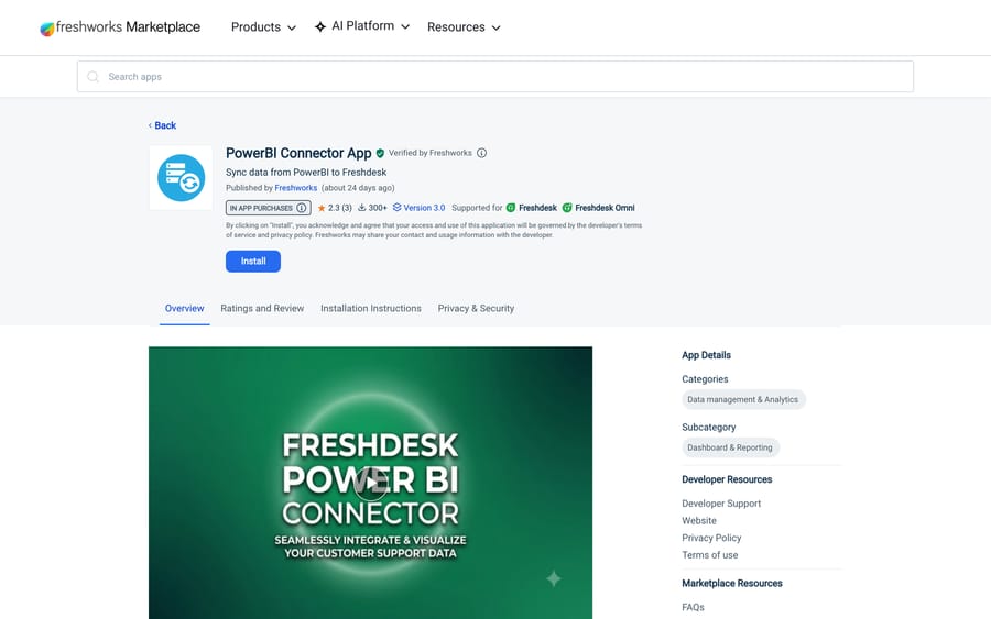 Freshworks Marketplace listing for the PowerBI Connector App, version 3.0, 2.3 stars from 3 ratings